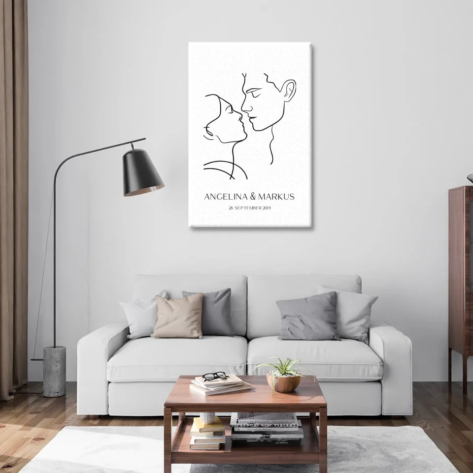 Leinwanddruck mit Line Art Pärchen Design, personalisiert mit Namen und Datum