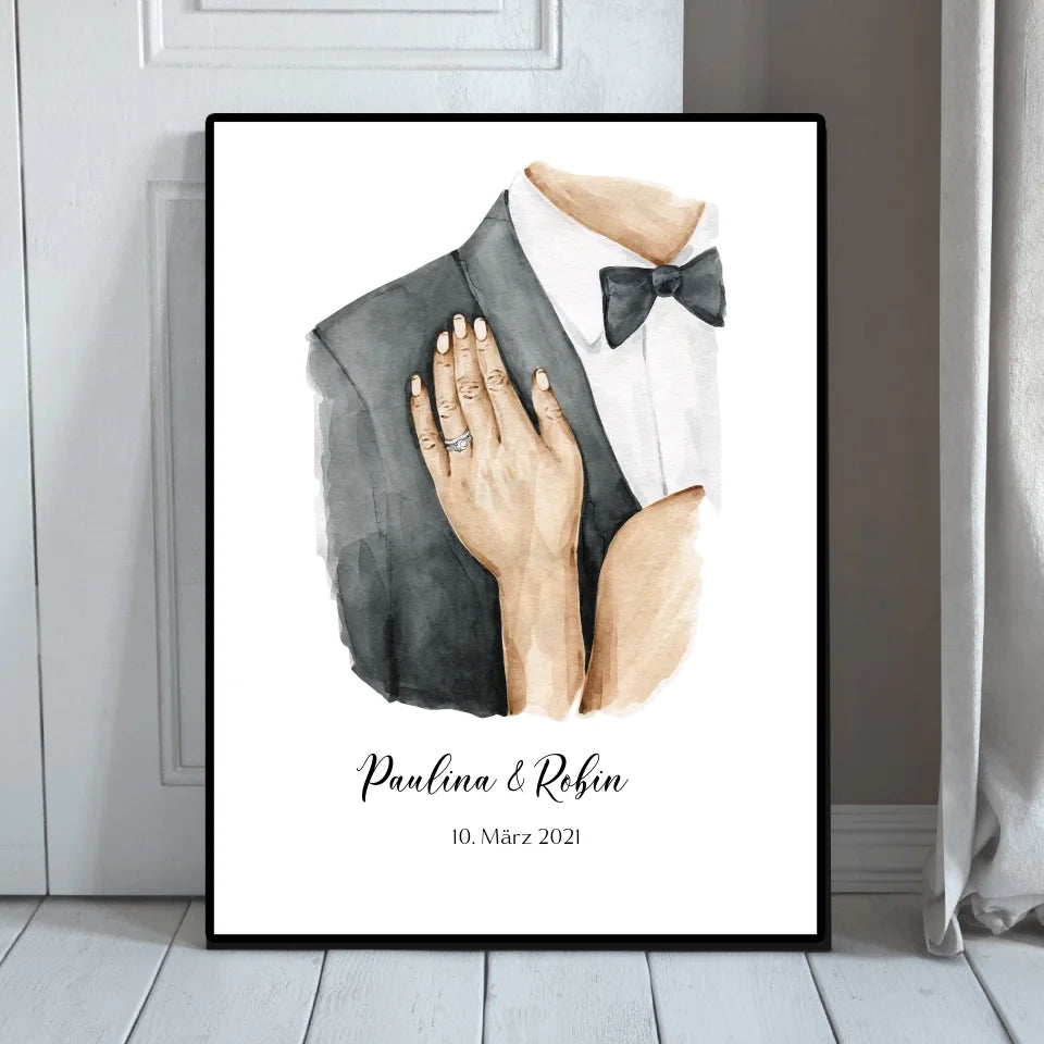 Gerahmtes Poster mit stilvollem Hochzeitspärchen-Motiv, Namen und Datum
