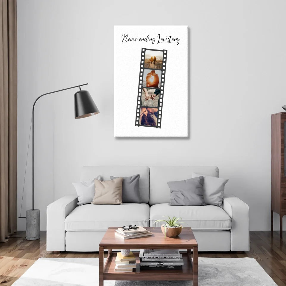 Leinwanddruck im Filmstreifen-Design mit personalisierten Fotos und romantischem Stil
