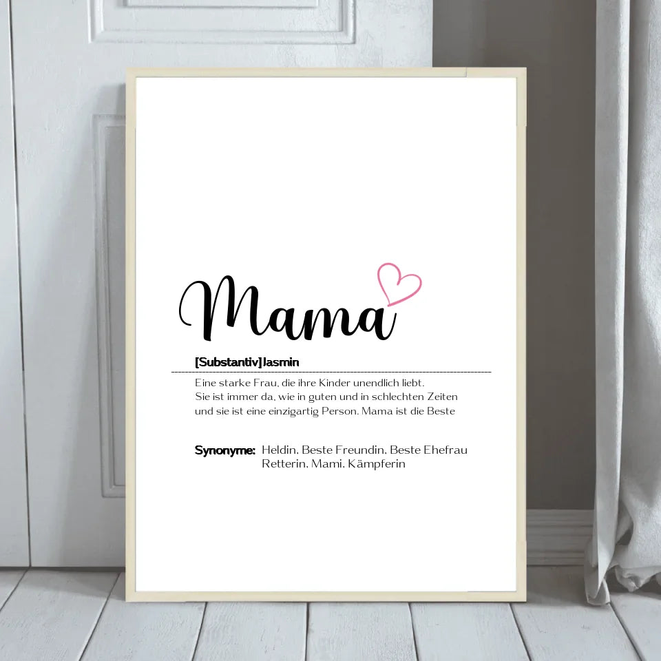 Rahmenbild mit der Definition von Mama, personalisiert und stilvoll gestaltet