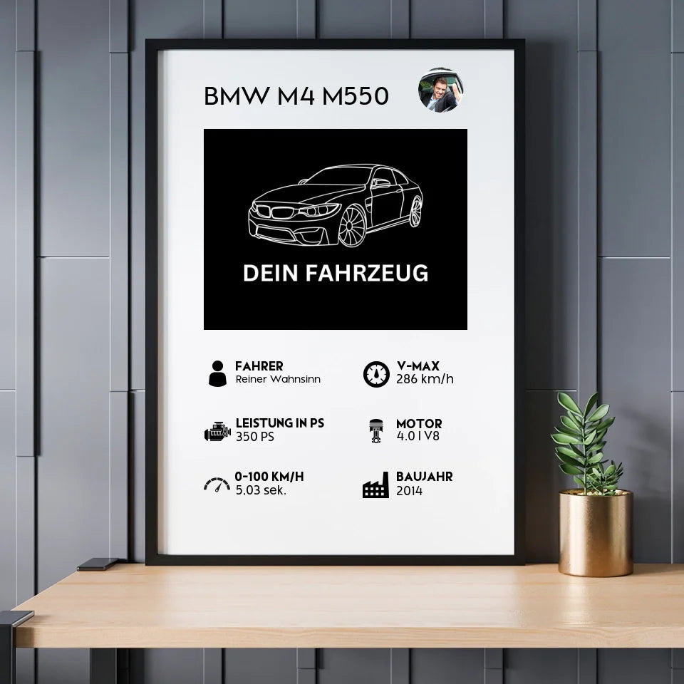 Fahrzeug Quartett Poster mit personalisierten Details wie Fahrzeug, Fahrer und Leistung