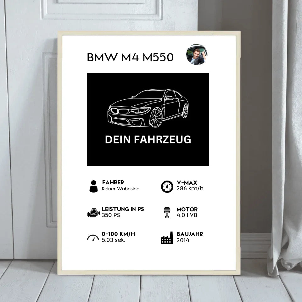 Gerahmtes Fahrzeug Quartett Poster mit personalisierten Angaben zu Auto und Fahrer