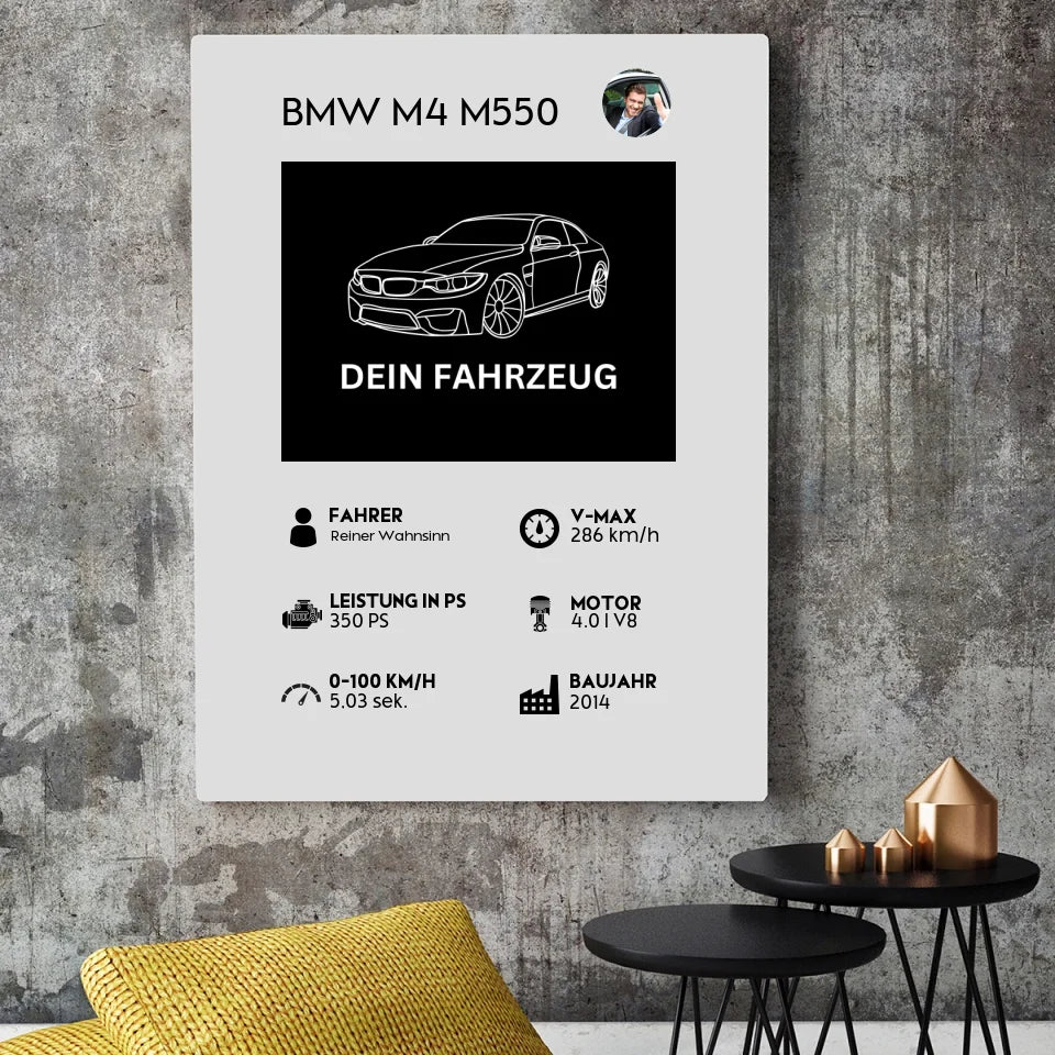 Leinwanddruck mit eigenem Auto, Quartett-Design und personalisierten Fahrzeugdetails