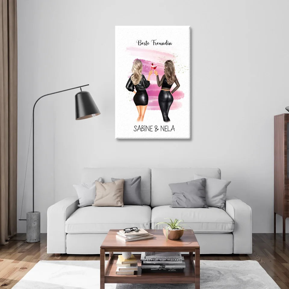 Leinwanddruck Beste Freundin mit Namen Sabine und Nela, farbigem Hintergrund