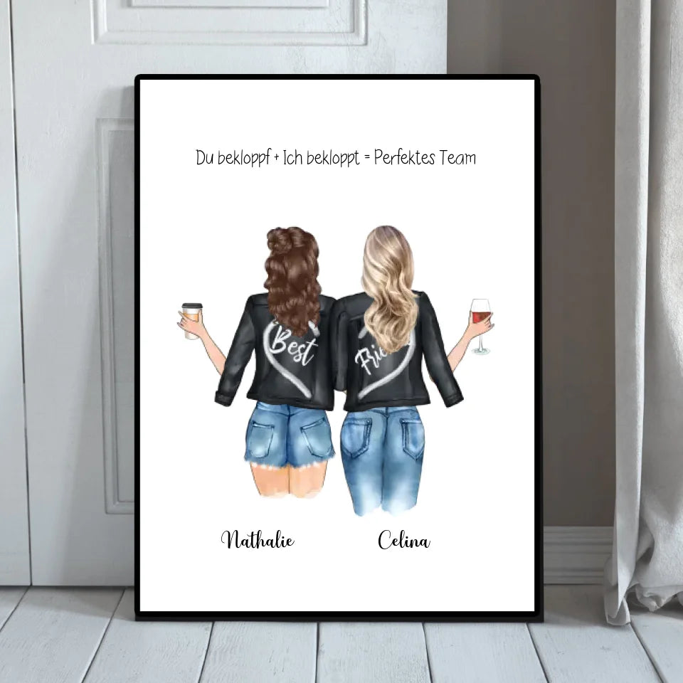 Wandbild auf gerahmten Poster mit Text Du bekloppt Ich bekloppt Perfektes Team und Namen