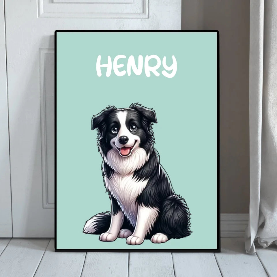 Gerahmtes Wandbild mit modernem Comicdesign und personalisiertem Haustiernamen
