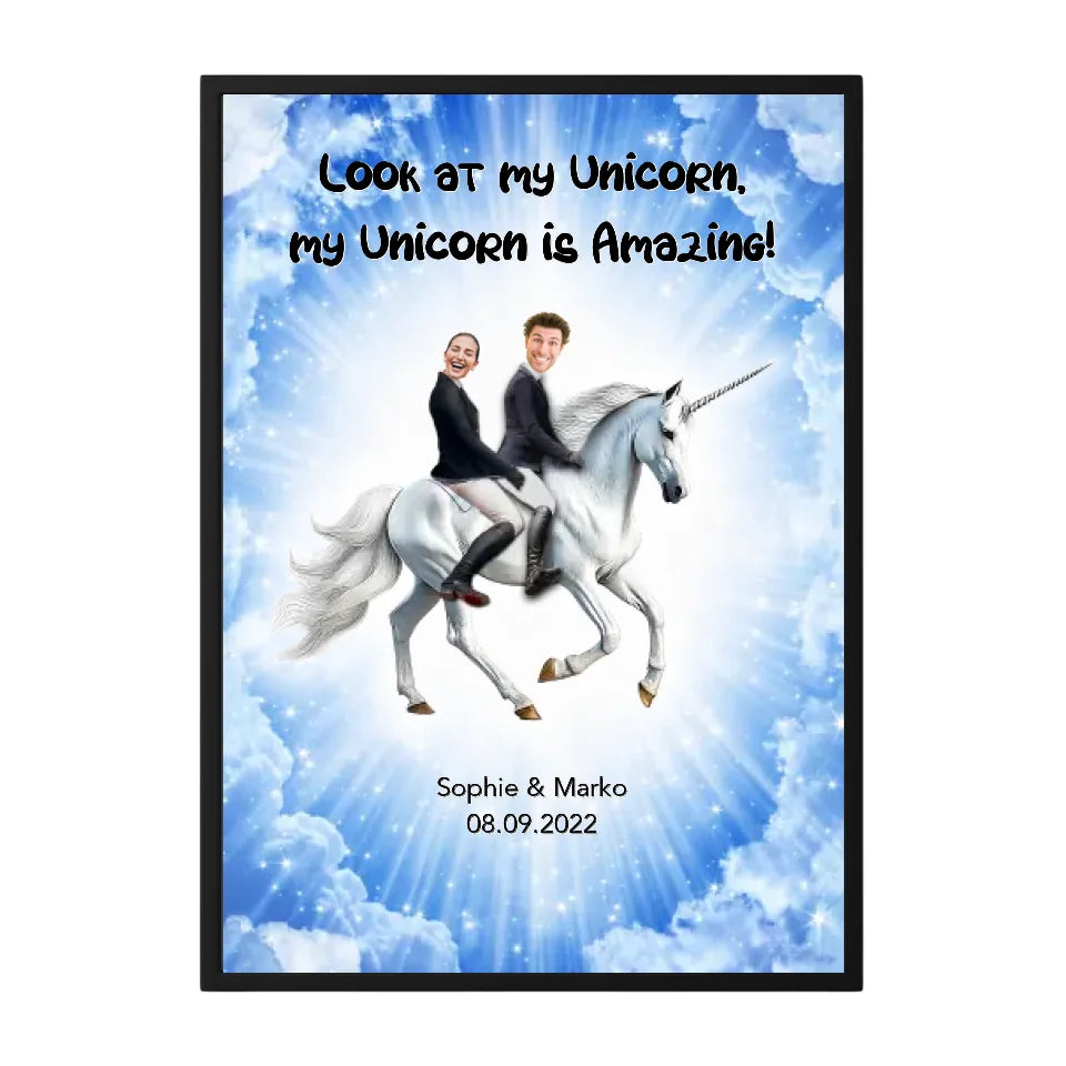 Hochzeitsposter mit Einhorn-Design, personalisiert mit Fotos, Namen Sophie und Marko sowie Datum