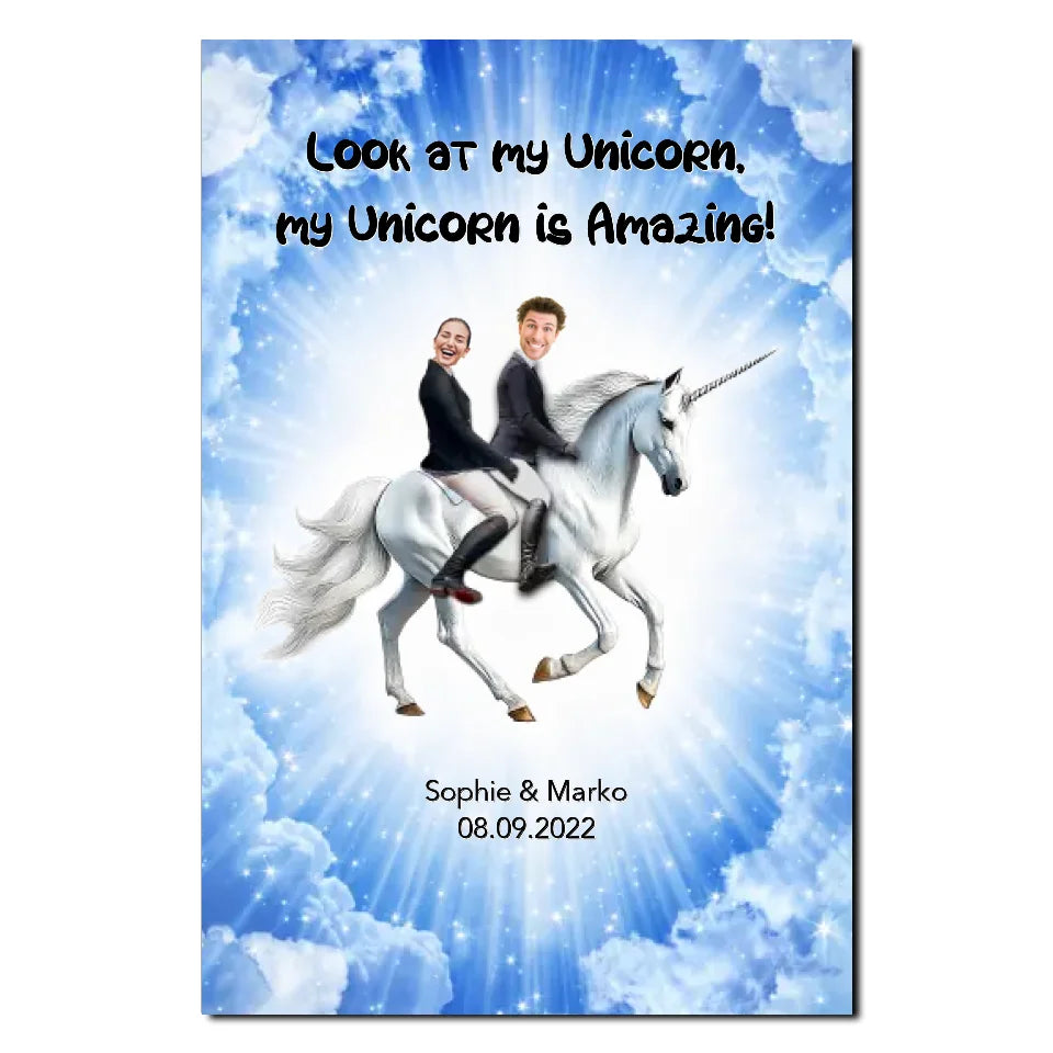 Hochzeitsposter als Leinwanddruck mit Einhorn-Motiv und persönlichen Fotos von Sophie und Marko