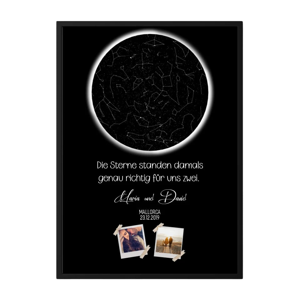 Poster mit Sternkarte, personalisiert mit Namen, Datum und Fotos