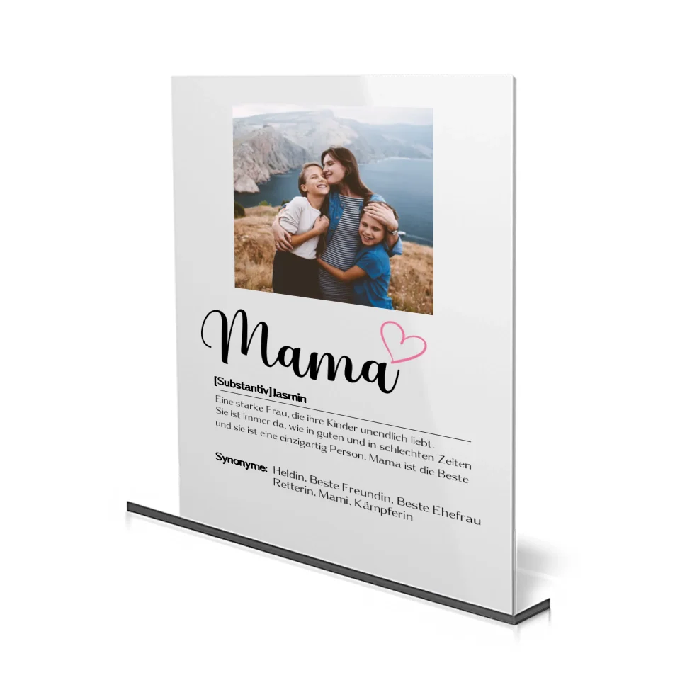 Personalisierbares Acrylglas mit Mama-Definition und eigenem Bild – emotionales Geschenk.