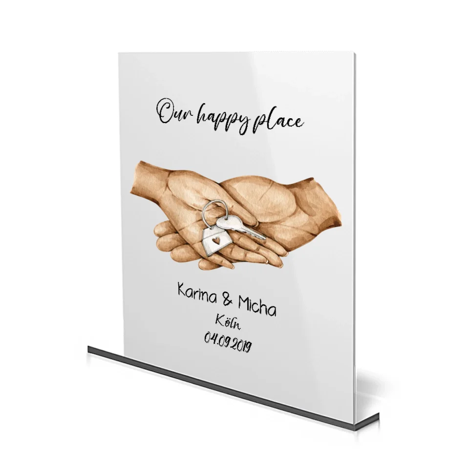 Personalisierbares Acrylglas mit Schlüssel-Design – ideales Einzugsgeschenk für Paare.