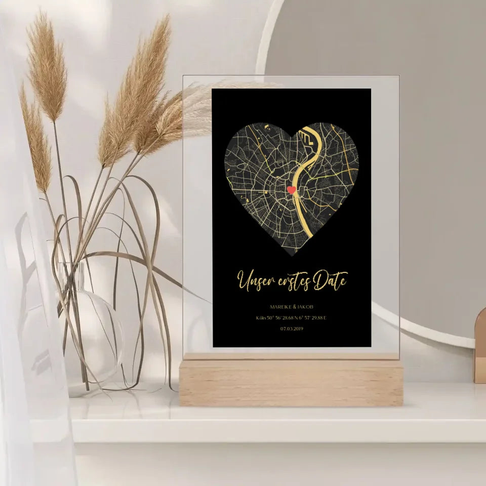 Personalisiertes Acrylglas mit Holzstand Stadtkarte als Geschenk