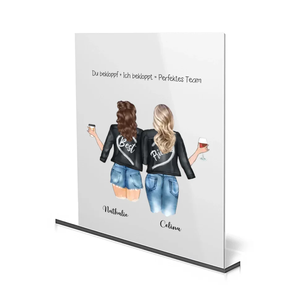 Personalisiertes Acrylglas mit Lederjacken-Design für beste Freundinnen, individualisierbar mit Namen