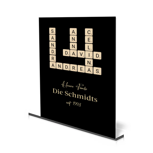 Scrabble Familienname auf personalisiertem Acrylglas mit Namen und Jahreszahl – ein einzigartiges Geschenk für die Familie.