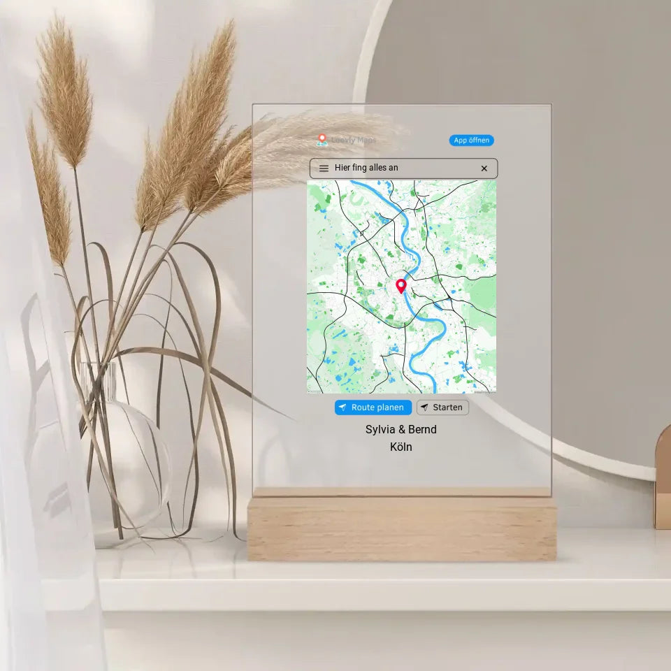 Personalisierte Map Karte auf Acrylglas im Navigation Design für Jahrestage und Hochzeiten