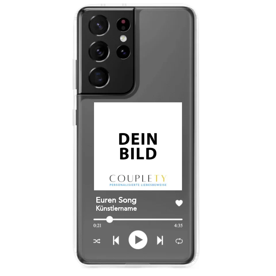 Samsung Handyhülle mit Song Titel, Künstlername und eigenem Foto, individuell gestaltbar.