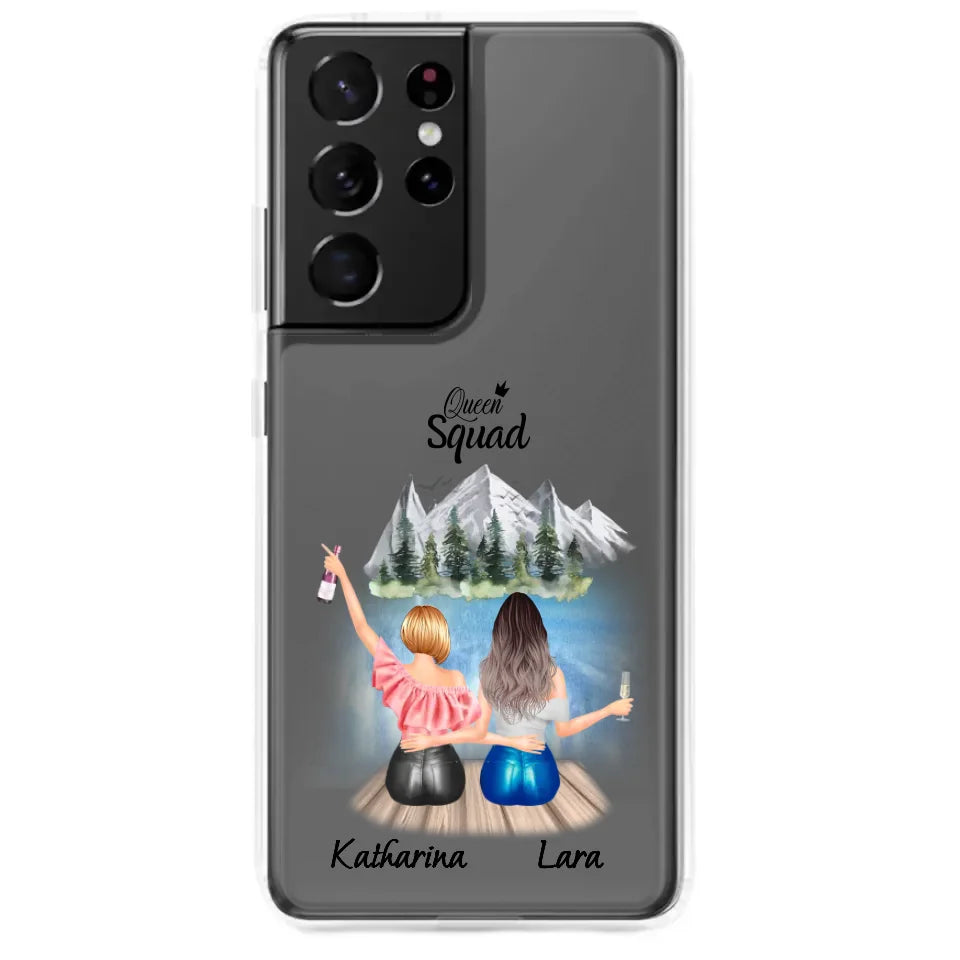 3. Samsung Handyhülle für beste Freundinnen, Queen Squad Aufdruck, Champagner und personalisierbare Namen.