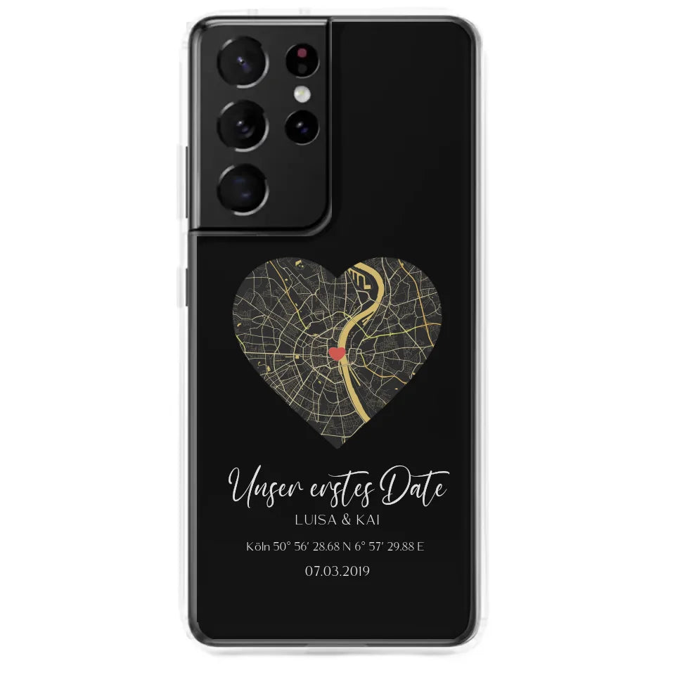 4. Personalisierbare Samsung Hülle mit eurem ersten Date, Namen und Standort-Koordinaten.