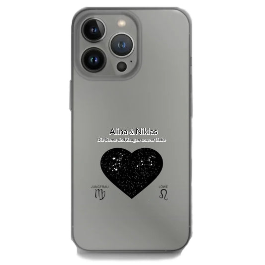 iPhone Handyhülle mit personalisierbarem Sternzeichen-Design für Paare – Herz mit Sternbild.