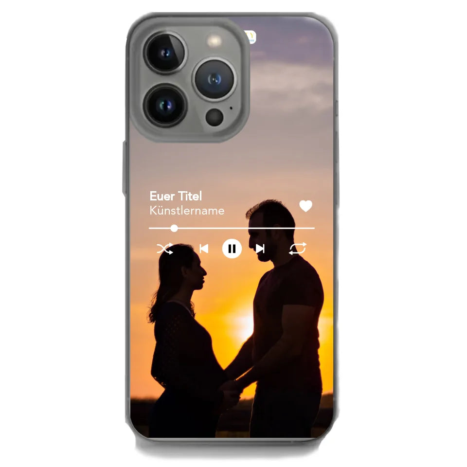 Personalisierte iPhone Handyhülle mit Spotify-Player-Design und eigenem Foto – Individuelles Musikmotiv