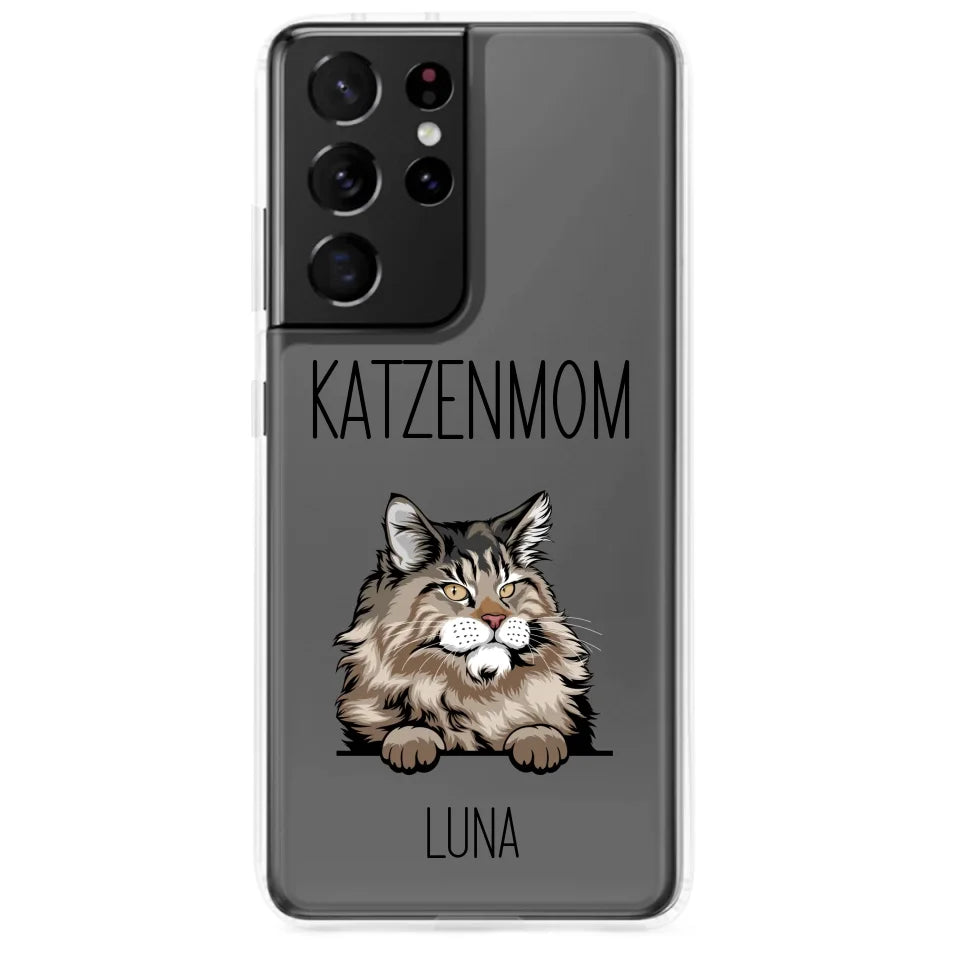 Samsung Handyhülle mit Kätzchenbild und Text "Katzenmom", ideal für Tierliebhaber