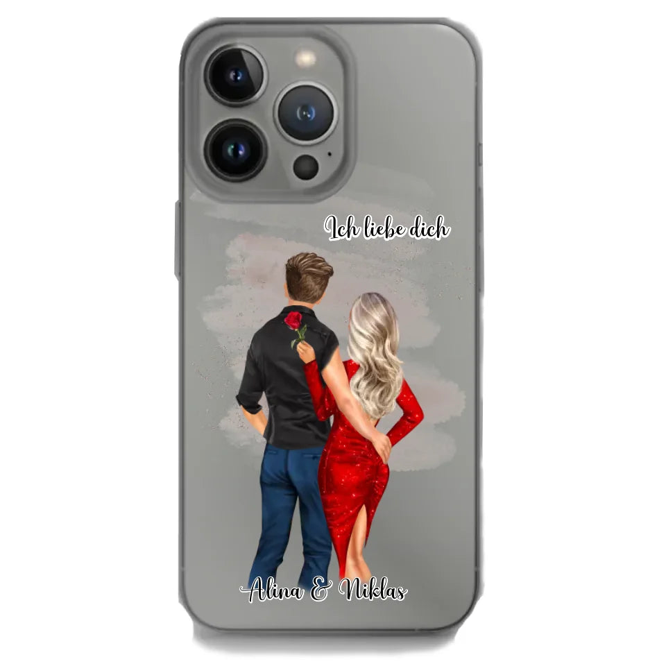 Romantische Paar Handyhülle für iPhone mit personalisierten Namen und stilvollem Design.