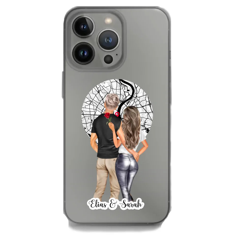 iPhone Handyhülle mit Stadtkarte und personalisierten Namen für Paare.