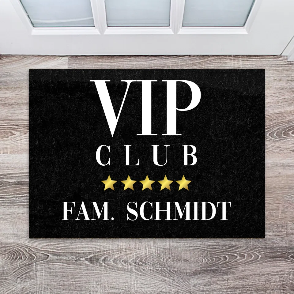 Personalisierbare VIP Club Fußmatte mit fünf Sternen und Familiennamen.