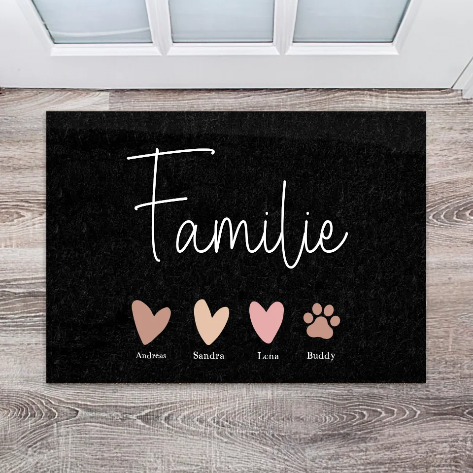 Personalisierbare Fußmatte Familie mit Herzen und Pfotenabdruck.