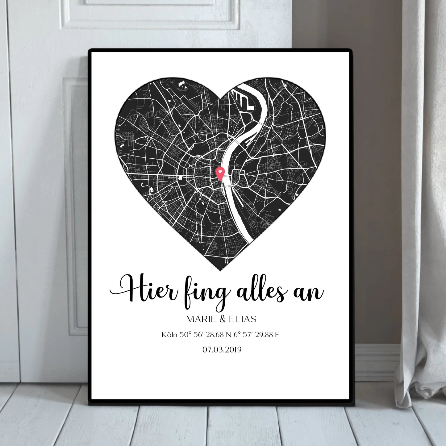 Personalisierte gerahmte Stadtkarte mit Hier fing alles an Bild Motiv. Perfekt als Hochzeitsgeschenk