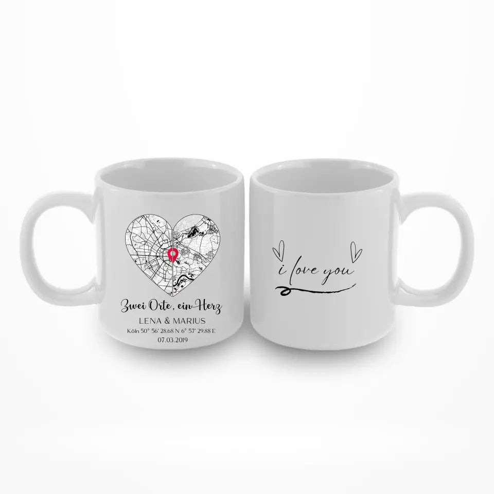 Zwei Orte, ein Herz - Personalisierbare Tasse