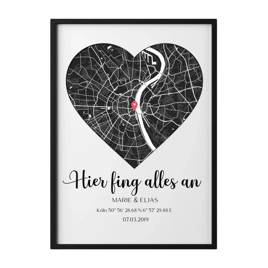 Personalisierte Stadtkarte mit Hier fing alles an Bild Motiv. Geschenk für Paare und zur Hochzeit