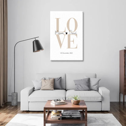 Rahmenbild mit romantischem LOVE Design, personalisiert mit Namen und Datum