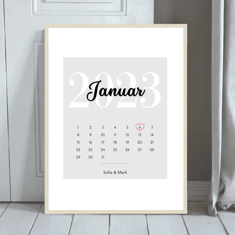 Rahmenbild mit stilvollem Kalender-Design, personalisiert mit Jahrestag und Namen