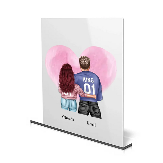 Paar King & Queen – Personalisierbares Acrylglas mit Namen und romantischem Herzmotiv.