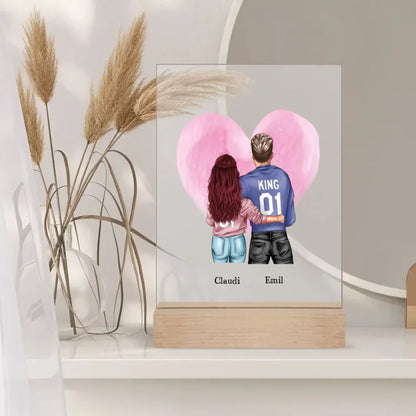 Romantisches Acrylglas für Paare mit King & Queen Design, ideal als Geschenk zum Jahrestag oder Valentinstag.