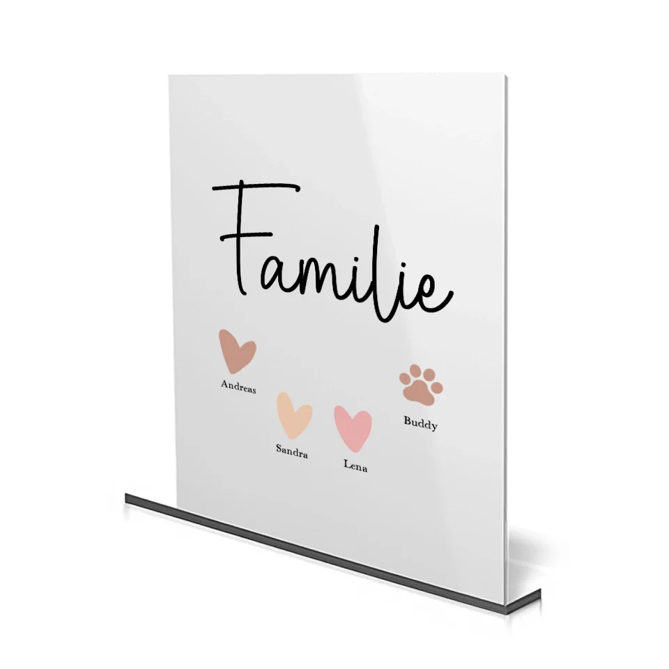 Personalisiertes Acrylglas mit Familiennamen und Herzen, ideal als Familiengeschenk