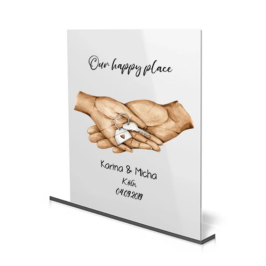 Personalisierbares Acrylglas mit Schlüssel-Design – ideales Einzugsgeschenk für Paare.