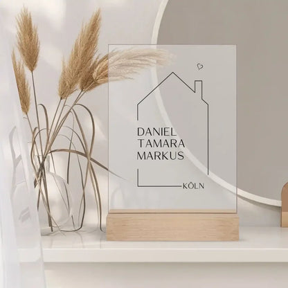 Elegantes Acrylglas mit Namen der Hausbewohner und Stadt, ideales Geschenk zur Einweihung