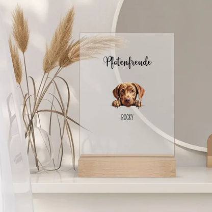 Personalisierbares Acrylglas mit holzstand mit Hundemotiv ein perfektes Geschenk für Hundebesitzer