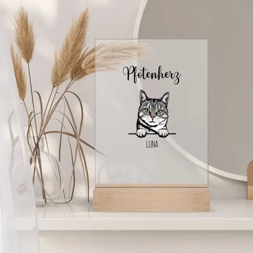 Personalisierbares Acrylglas mit Standfuß aus edlem Holz mit Katzenmotiv ein perfektes Geschenk für Katzenbesitzer