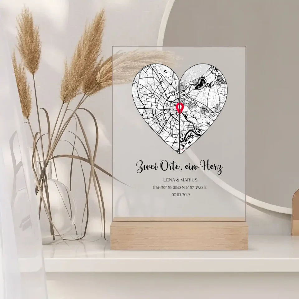Personalisiertes Acrylglas mit Stadtkarte mit zwei orten als Jahrestagsgeschenk