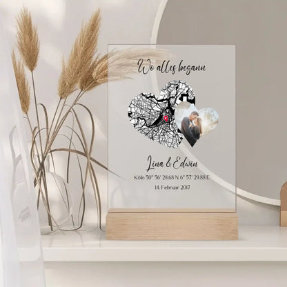 Wo alles begann auf Acrylglas mit Standbein aus Holz und eigenem Foto perfekt zum Jahrestag oder als originelles Hochzeitsgeschenk