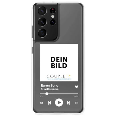 Samsung Handyhülle mit Song Titel, Künstlername und eigenem Foto, individuell gestaltbar.