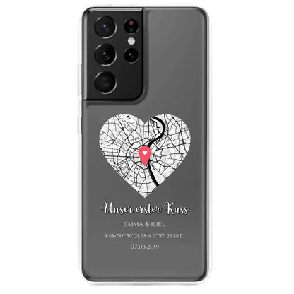 3. Romantische Samsung Handyhülle mit Herz-Stadtkarte, Koordinaten und dem Text "Unser erster Kuss".