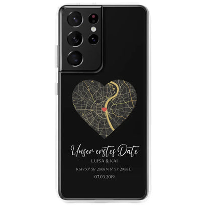 4. Personalisierbare Samsung Hülle mit eurem ersten Date, Namen und Standort-Koordinaten.