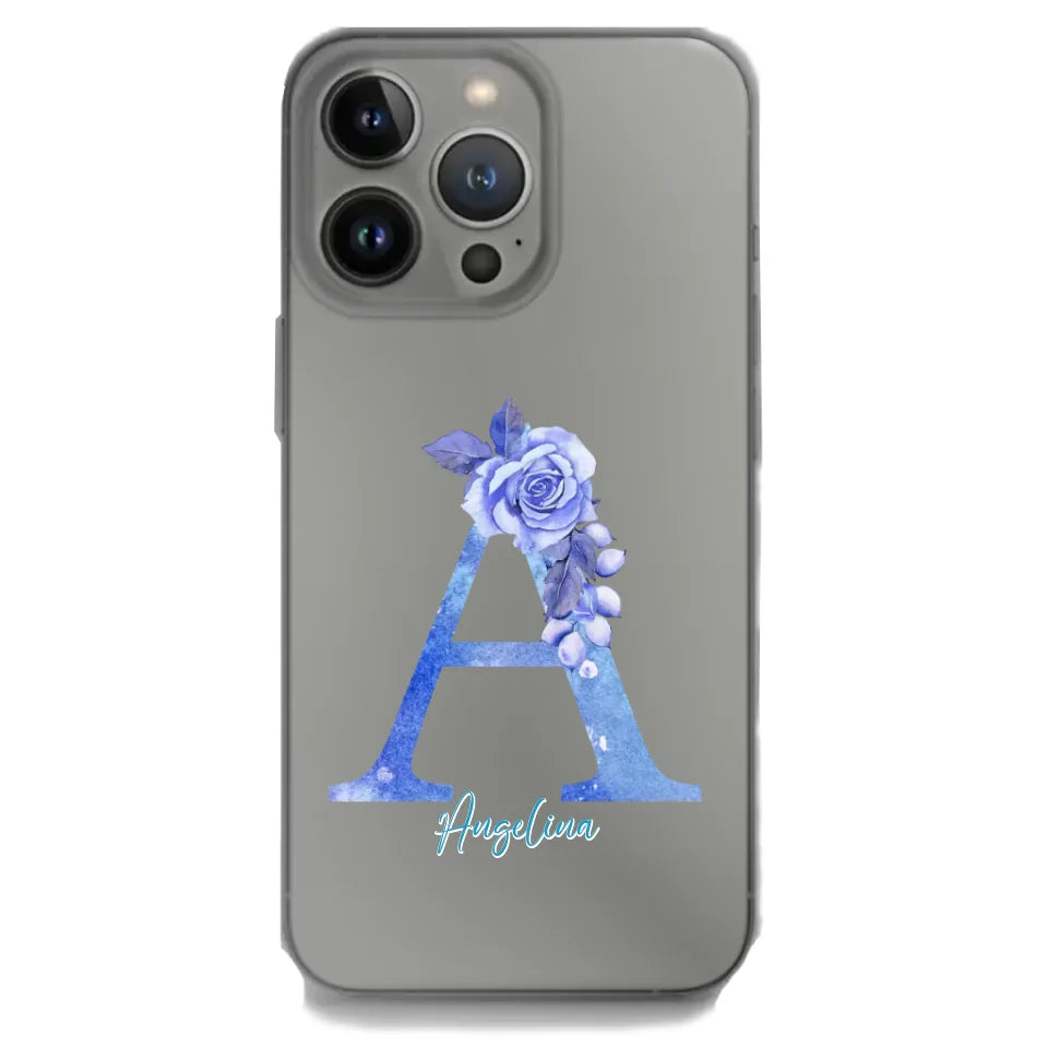 Personalisierte iPhone Handyhülle mit Blumenschrift und individuellem Namen.