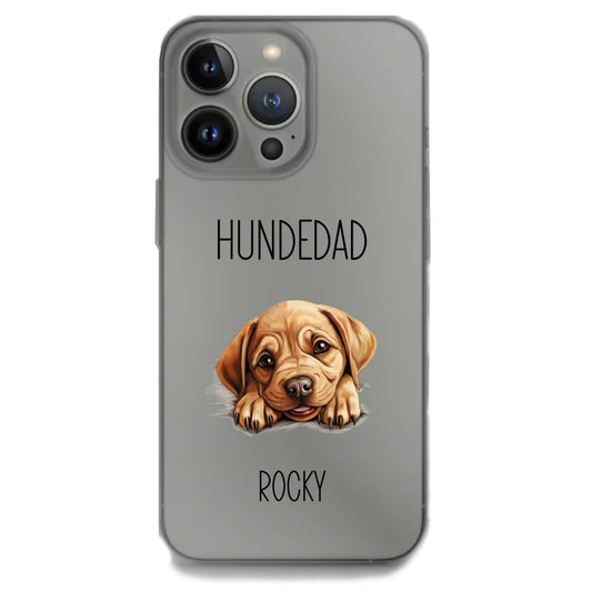Personalisierte iPhone Handyhülle mit niedlichem Hundedesign und Namen.