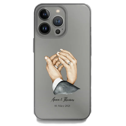 iPhone Handyhülle mit Hochzeitshänden und personalisierbarem Datum und Namen – elegantes Design.