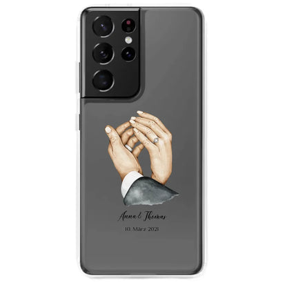 Samsung Handyhülle für Hochzeitspaare – personalisierte Hände mit Eheringen und Hochzeitsdatum.